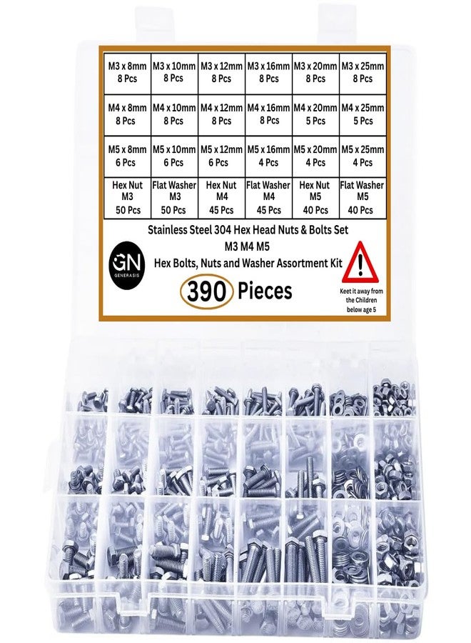 GENERASIS Nuts and Bolts Set | Metric M3 M4 M5 | 304 Stainless Steel Hex Bolts, Nuts & Washers Assortment Kit with Storage Box (Pack of 390 Pieces) - Image 1